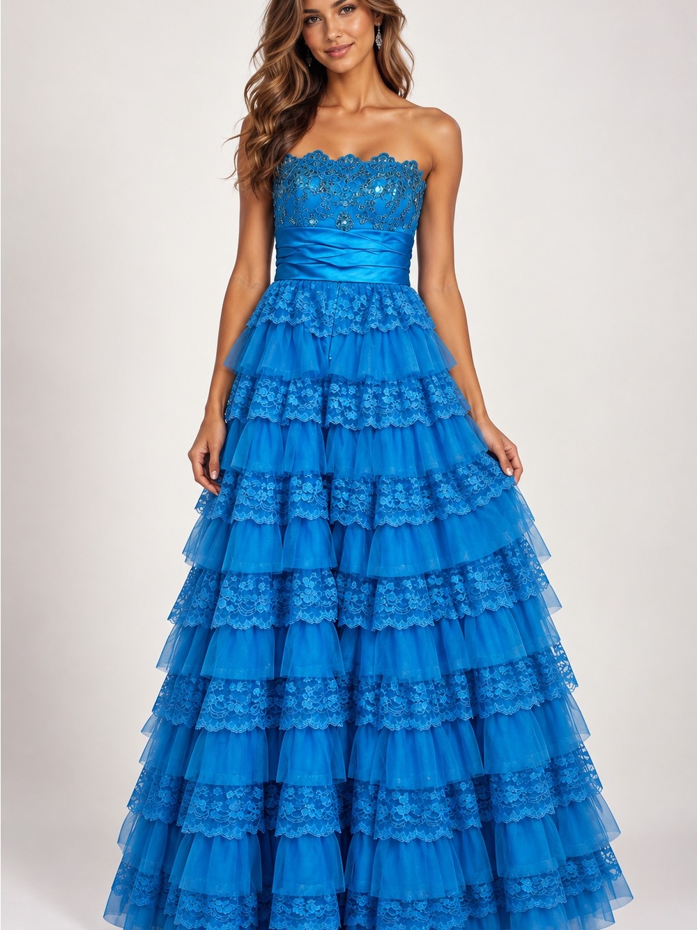 Masquerade Strapless Tiered Lace Ball Gown - Blue Prom Dress size 3/4 pageant